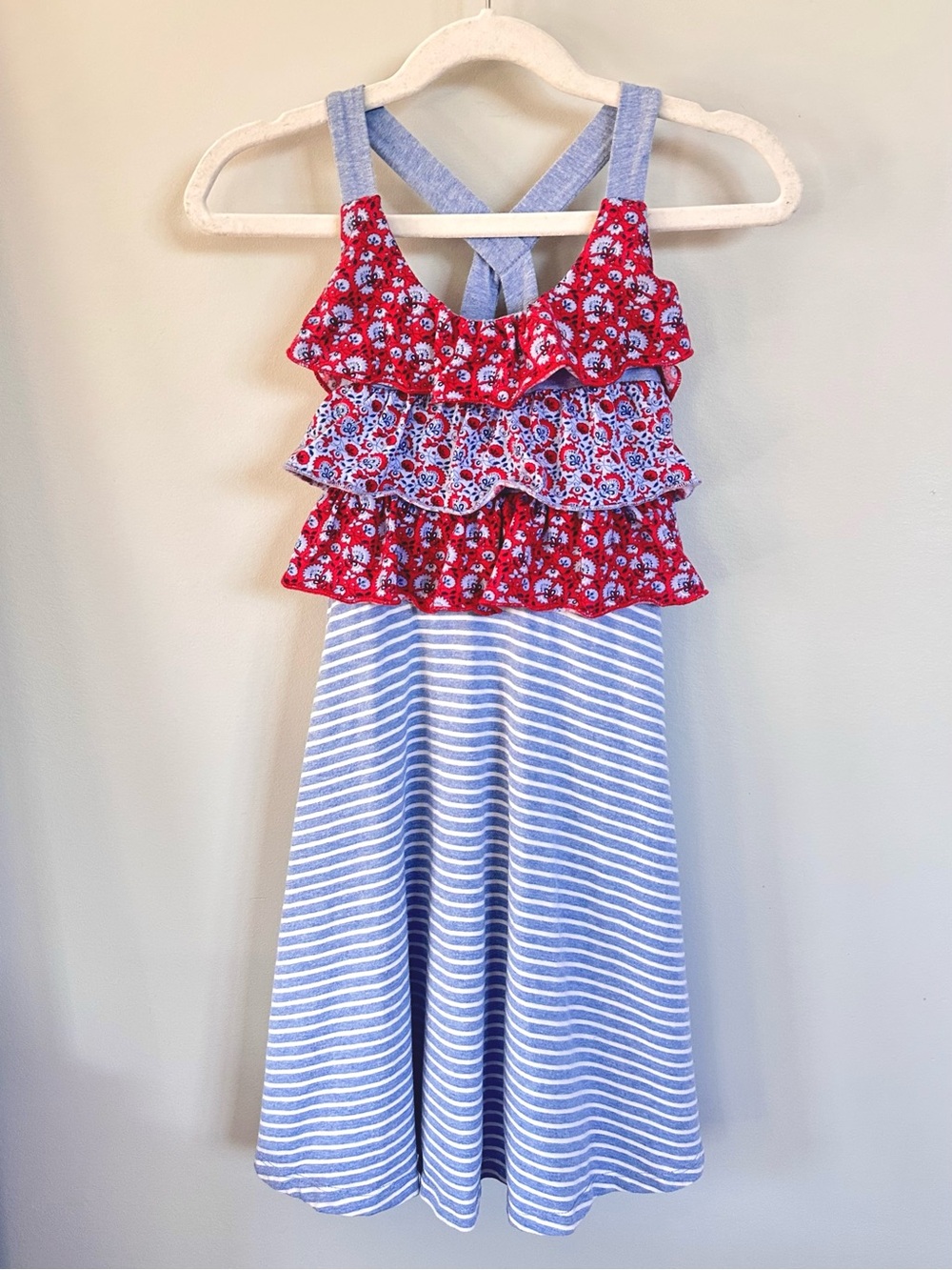 Jona Michelle Girls Size 6 Tiered Ruffle Floral Stripe Cross Back Dress